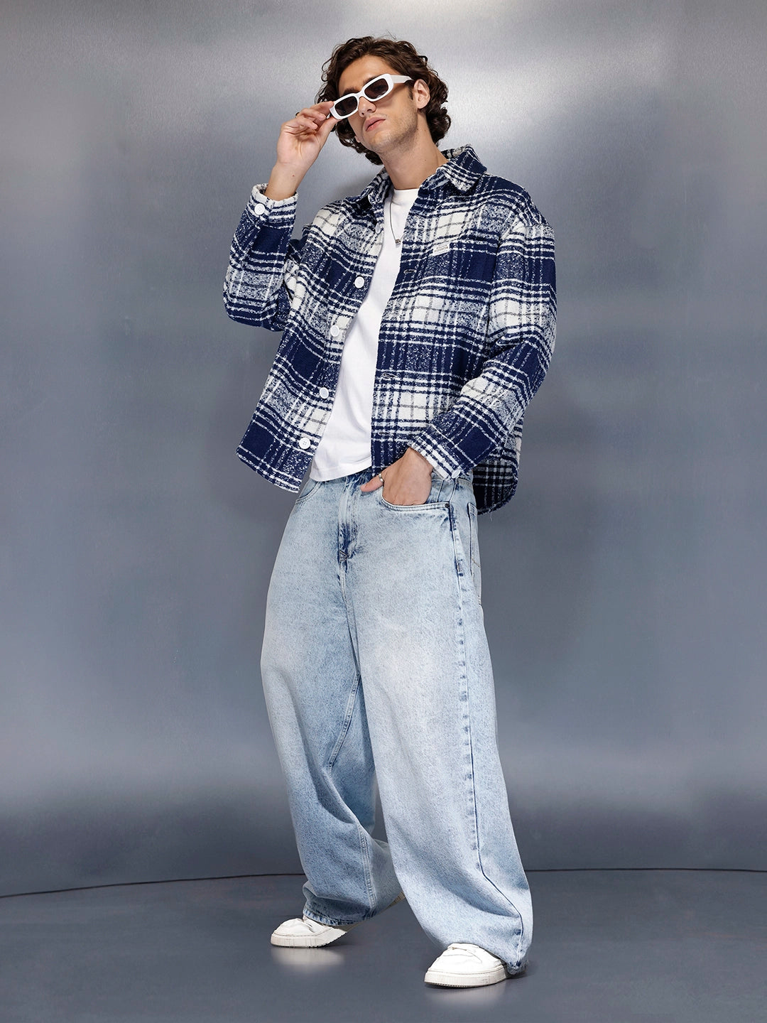 Men’s brushed bold check shacket | Navy Blue