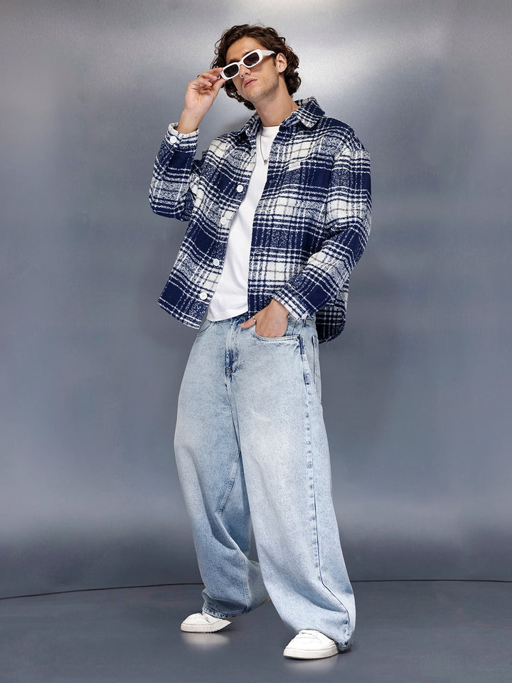 Men’s brushed bold check shacket | Navy Blue