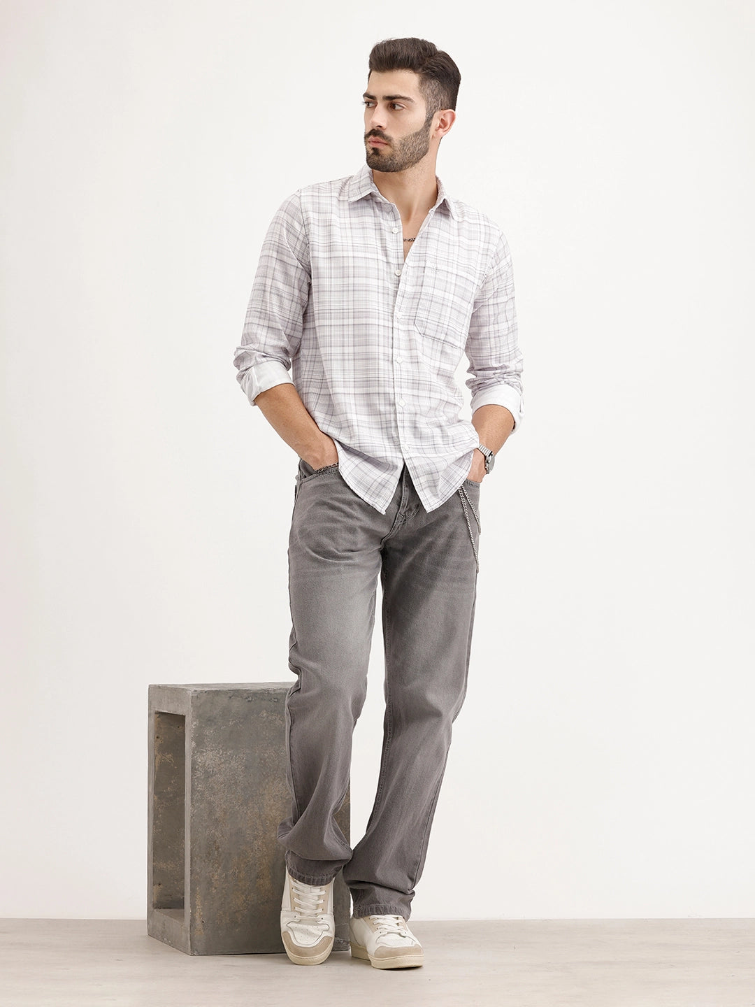 Regular Fit Checkered Shirt | Grey