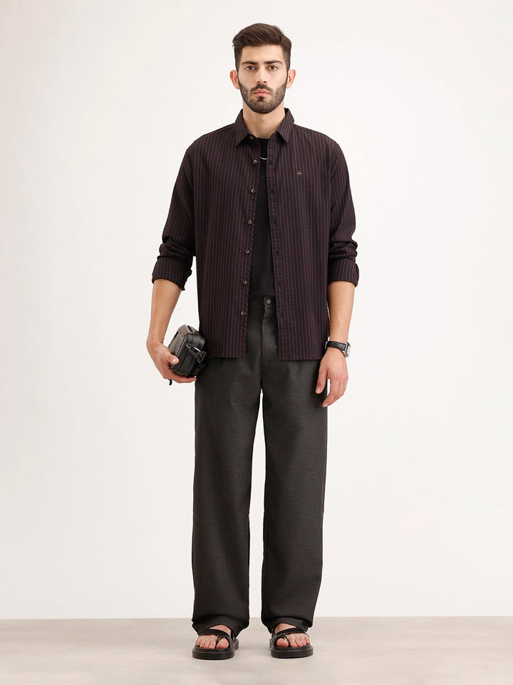 Textured Slim Fit Striped Shirt | Black