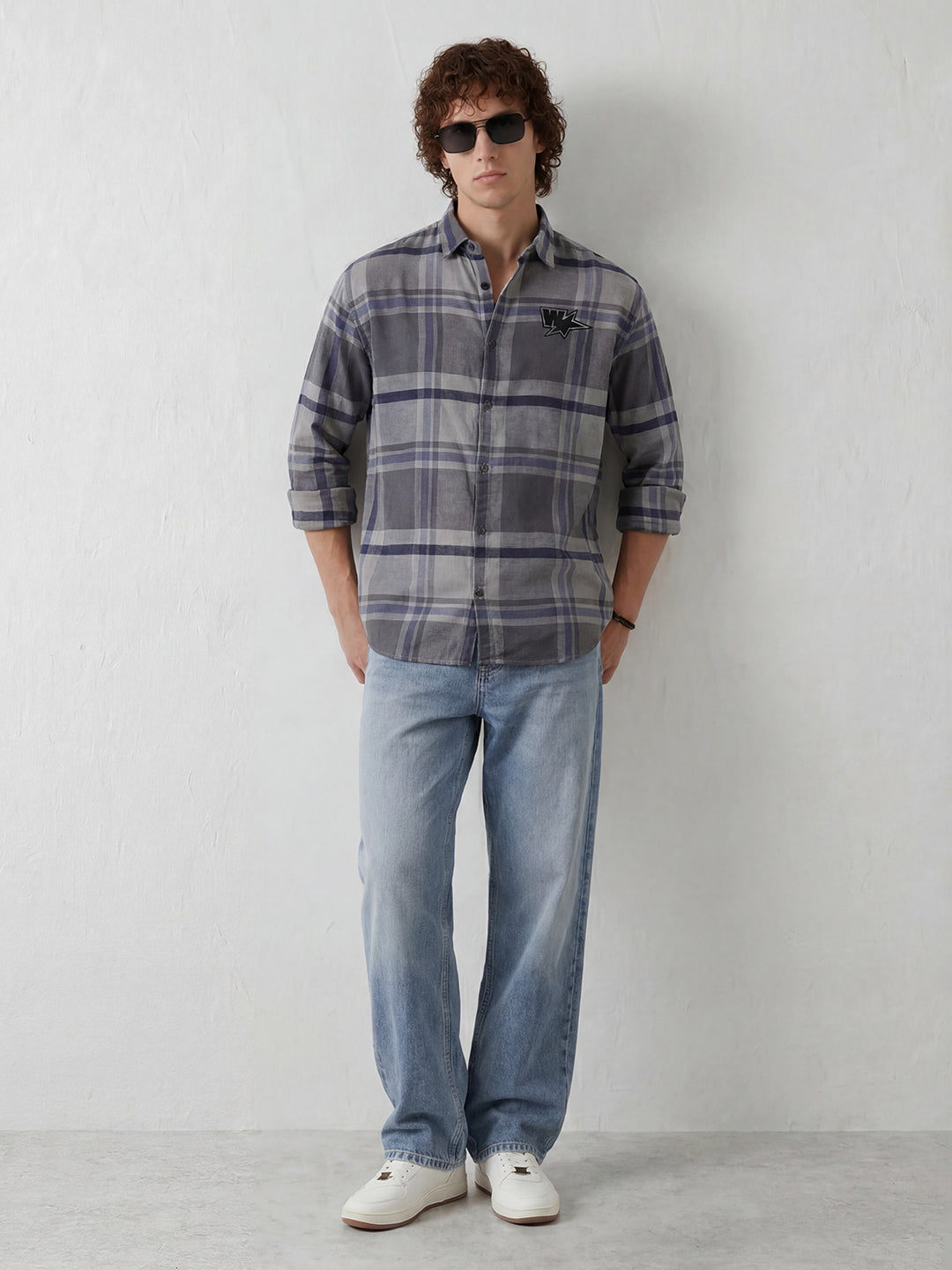 Oversized Placement Printed Checkered Shirt | Grey