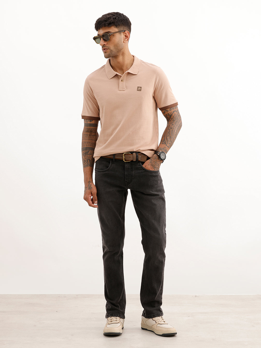 Classic Slim Fit Contrast Sleeve Polo T-Shirt | Light Brown
