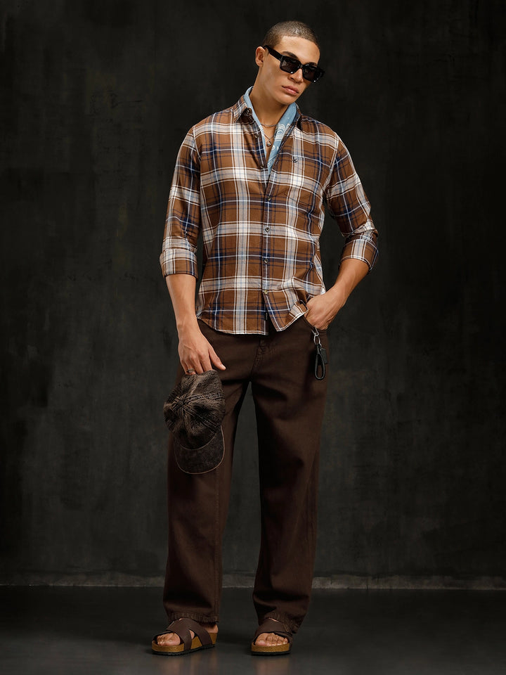 Cotton Twill Checked Shirt | Brown