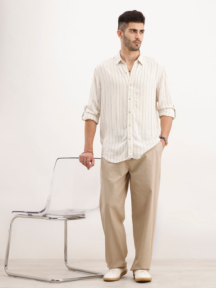 Slim Fit Striped Full Sleeved Shirt | Beige