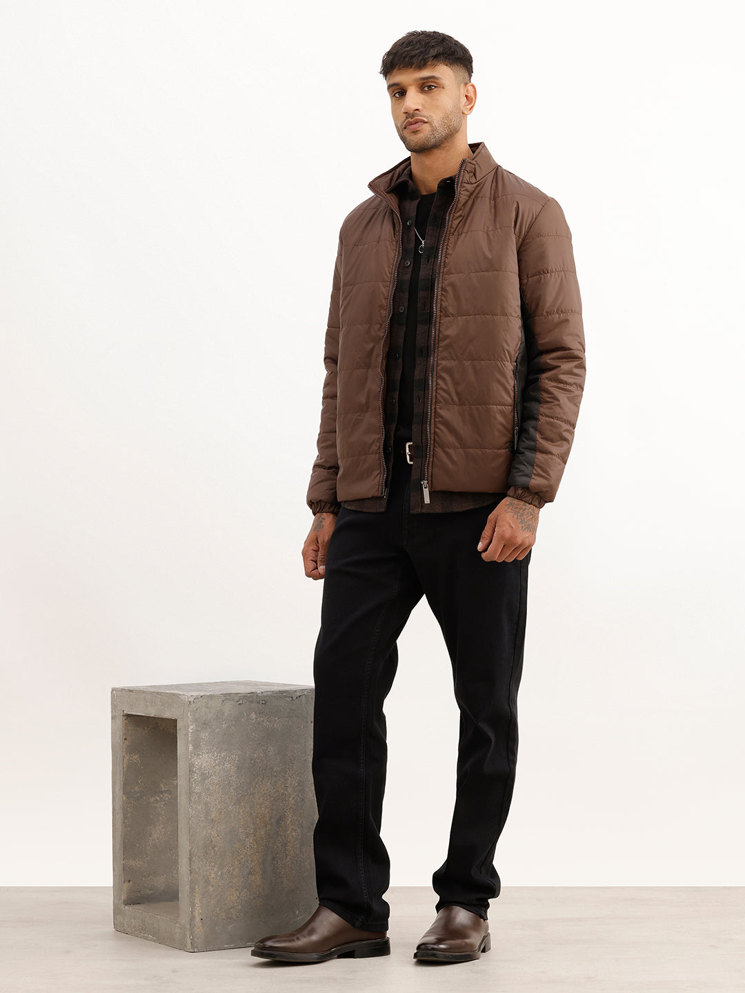 Solid Regular Fit Puffer Jacket | Brown