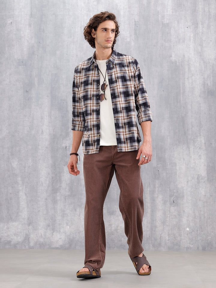 Patchwork Multi-Weave Check Slim Fit Shirt | Black