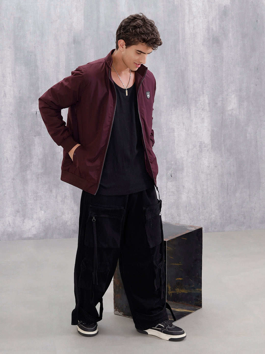 Men's Solid Casual Bomber Jacket  | Maroon