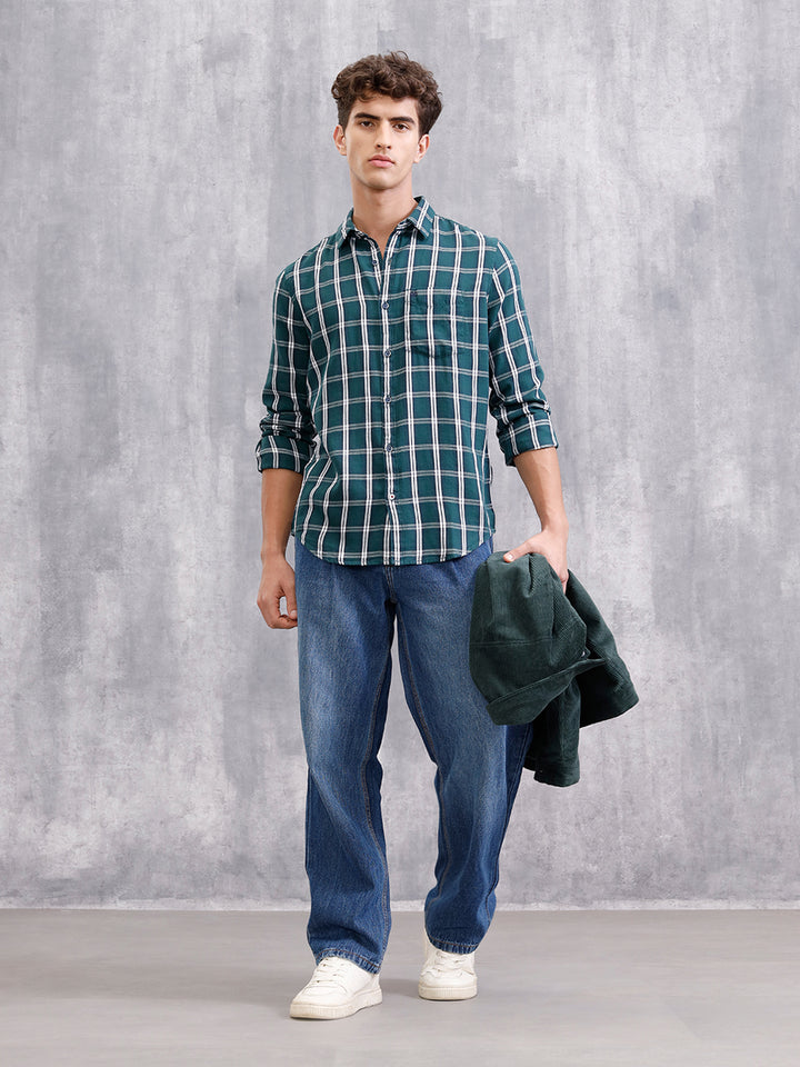 Textured Cotton Dobby Check Shirt  | Green