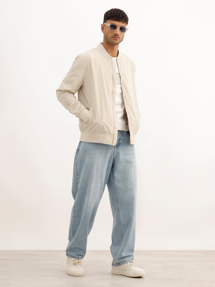 Solid Regular Fit Zipper Jacket | Beige