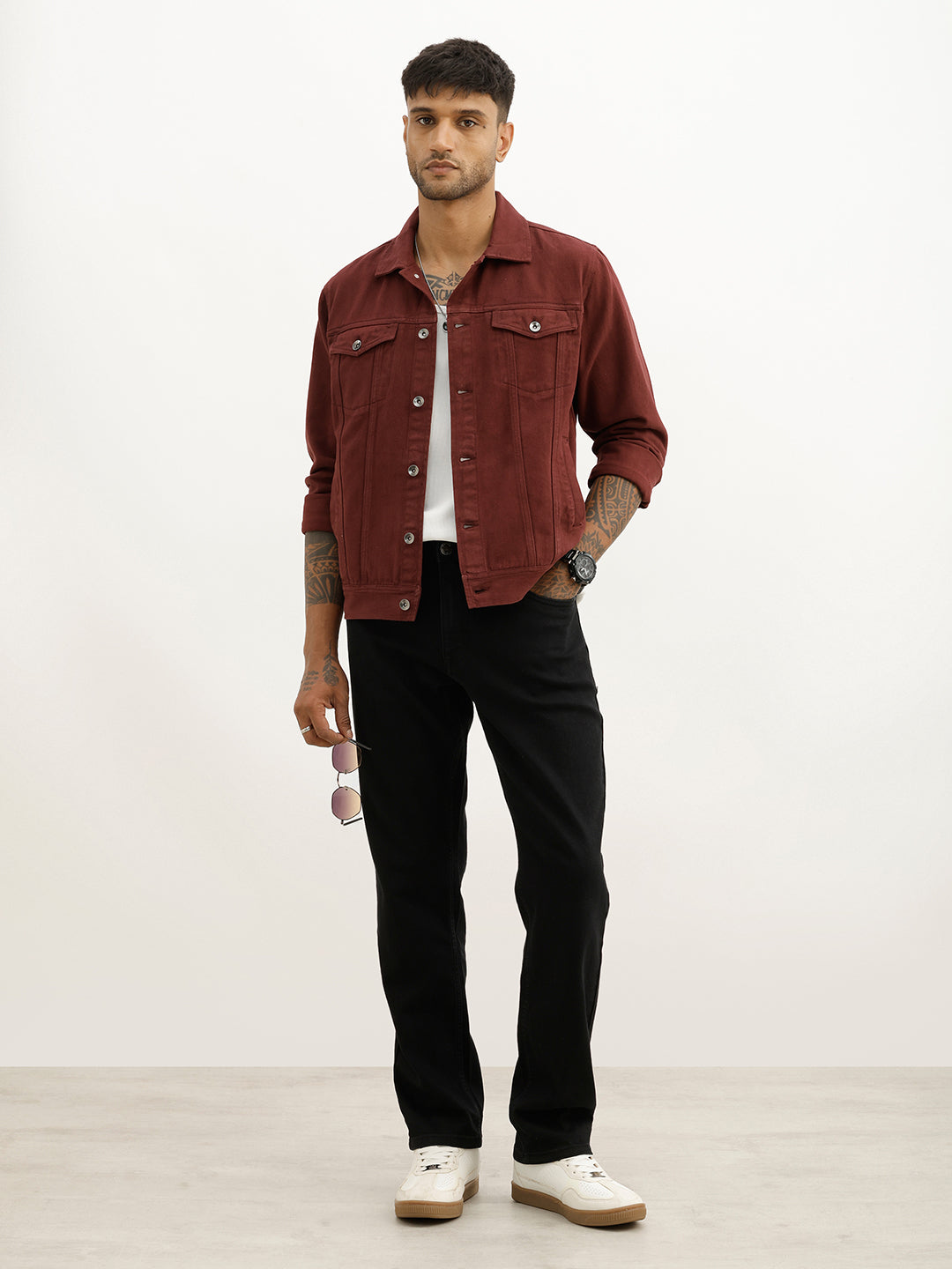 Solid Slim Fit Denim Jacket | Maroon