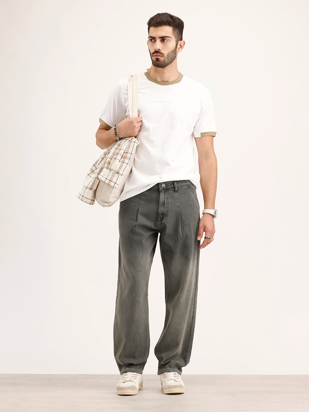 Loose Fit Pleated Denim Jeans | Grey