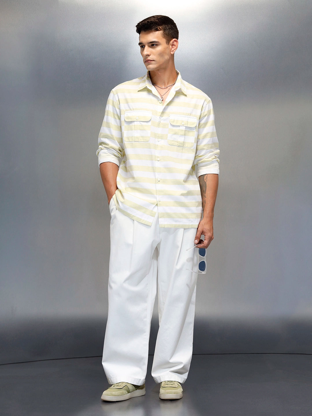 Men's Casual Regular Fit Striped Pattern Shirt | Green
