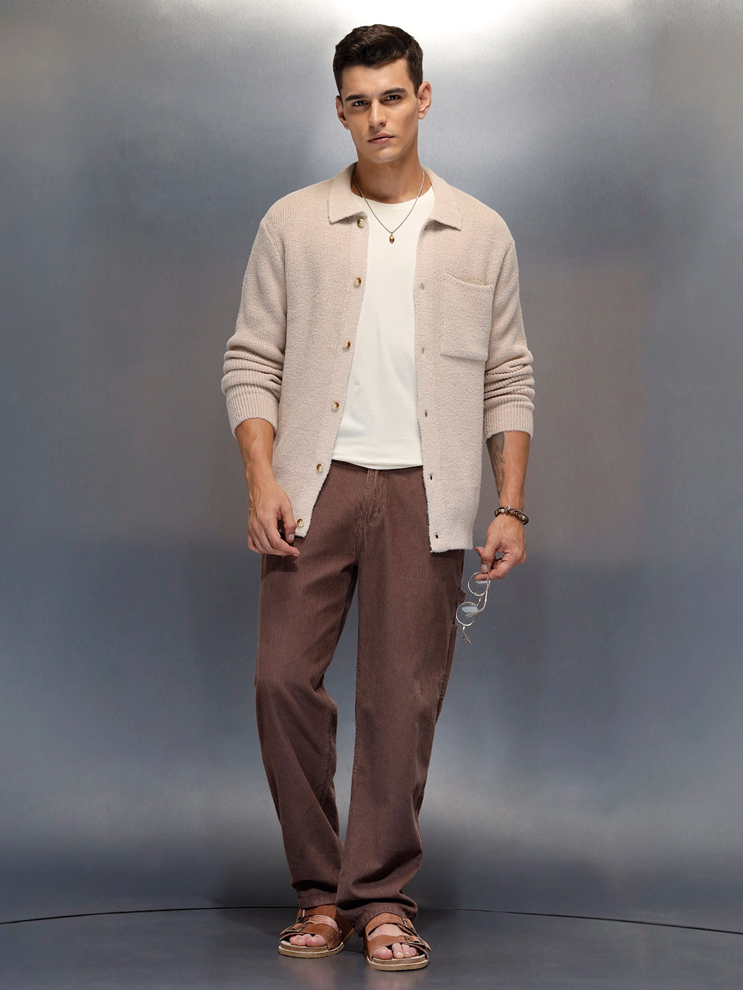 Textured Knit Button-Down Sweater  | Beige