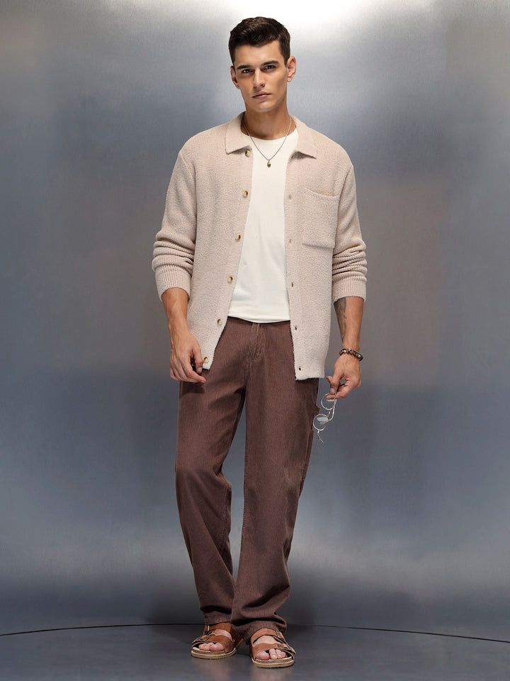 Textured Knit Button-Down Sweater  | Beige