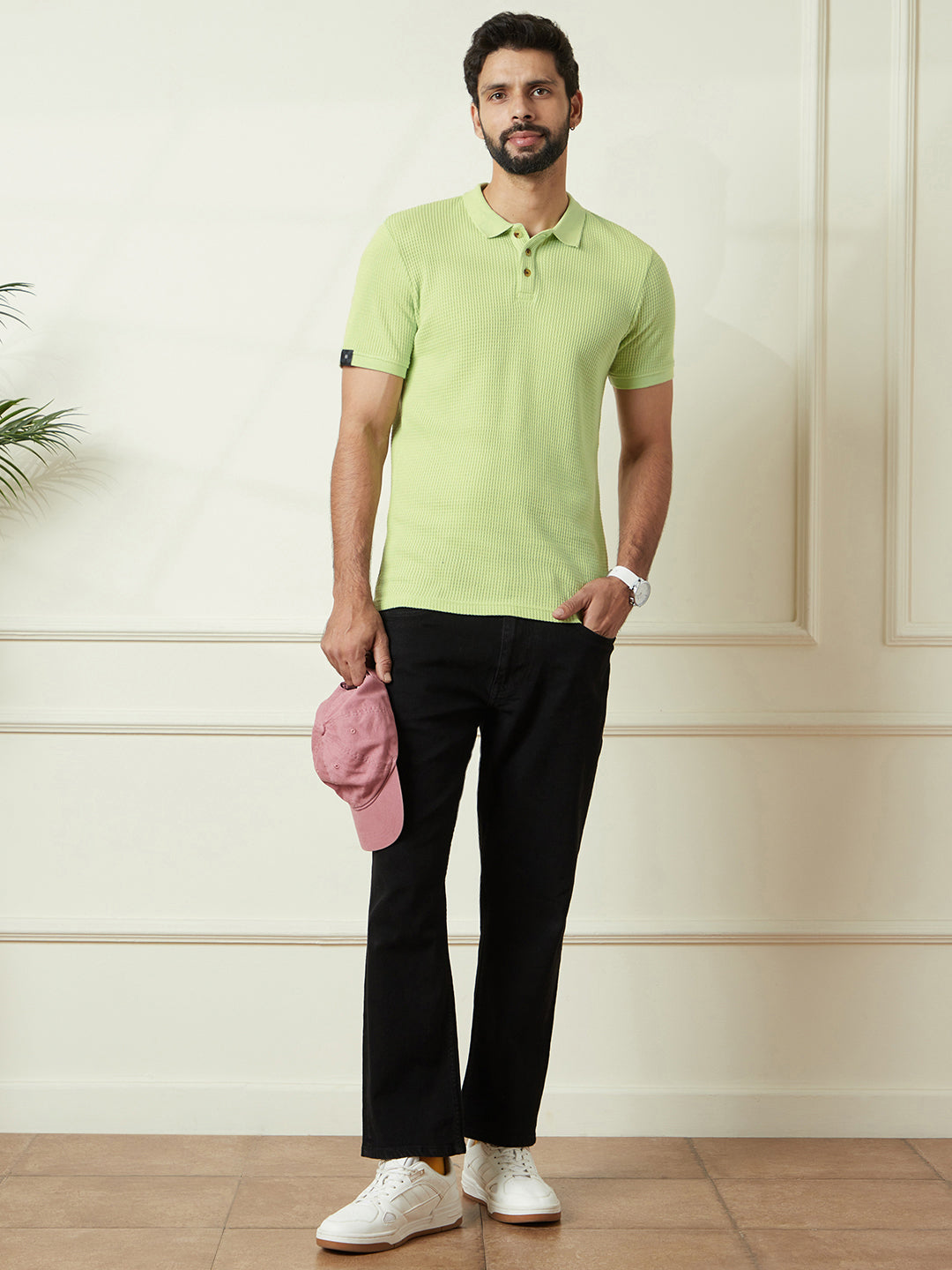 Textured Slim Fit Polo T-Shirt in Sage Green