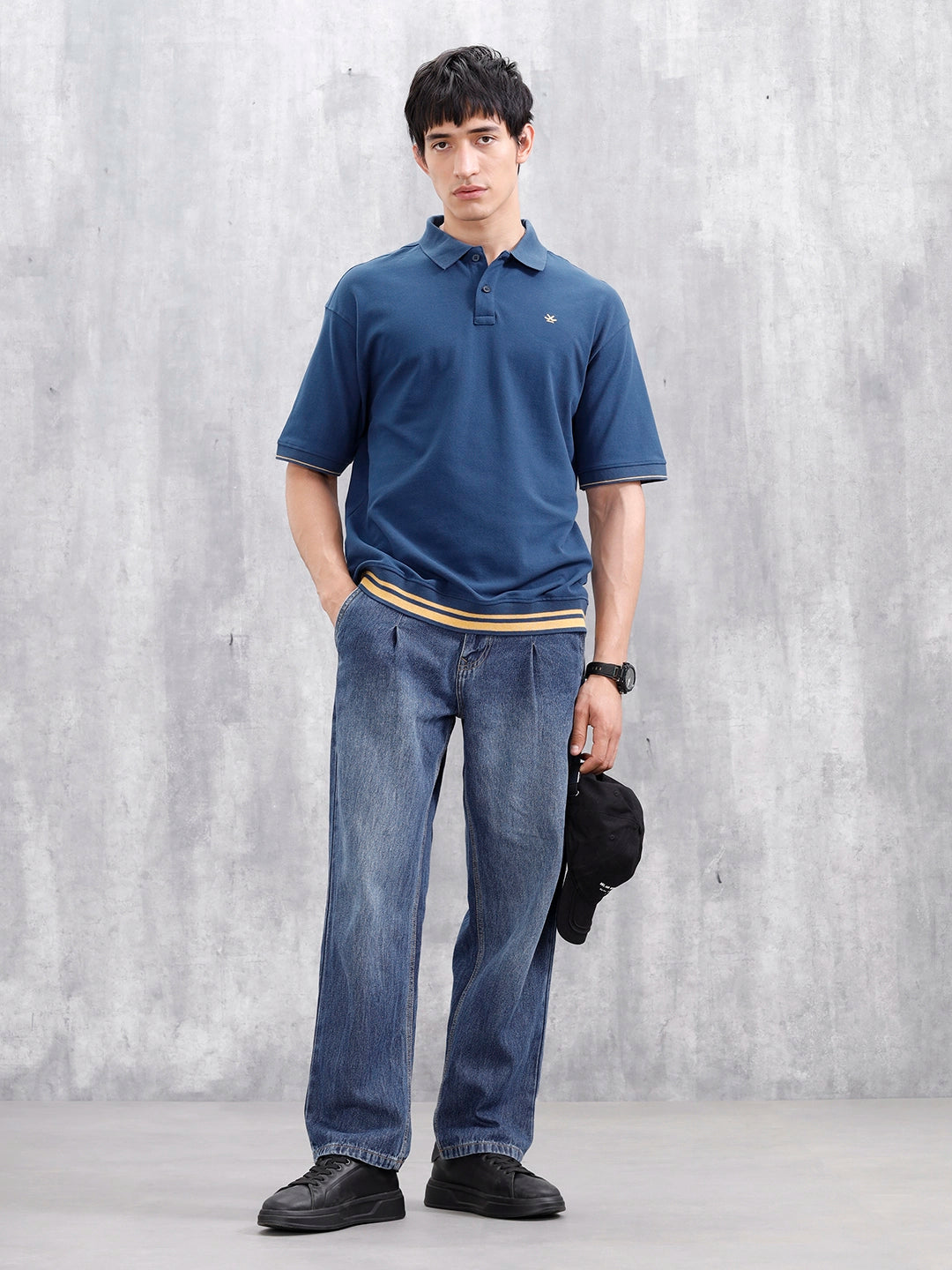 Oversized Polo T-Shirt With Contrast Trim Details | Dark Blue