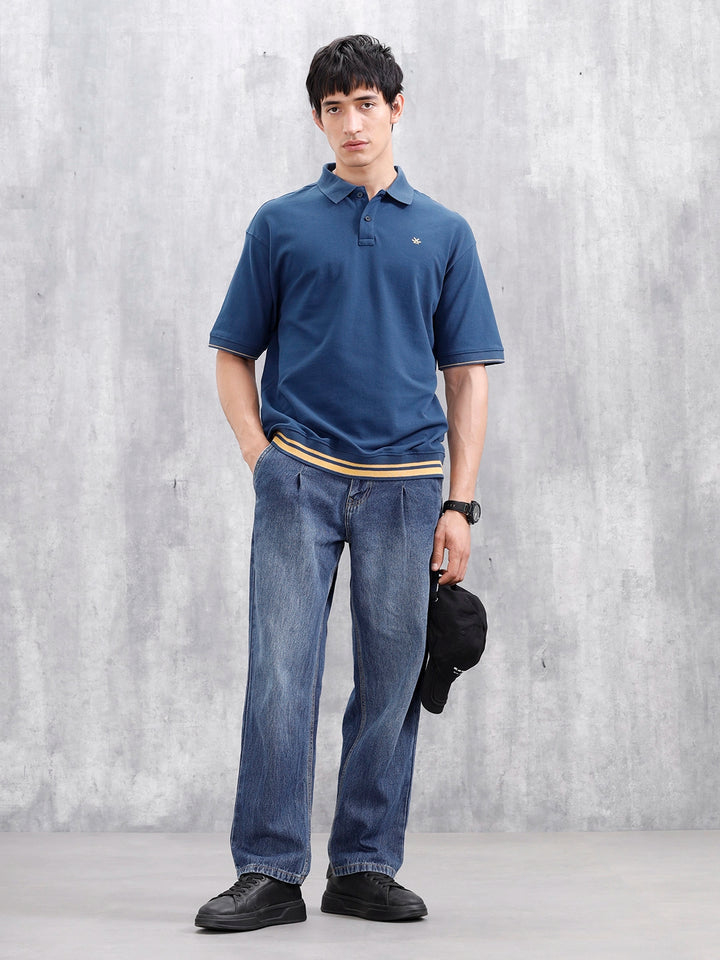 Oversized Polo T-Shirt With Contrast Trim Details | Dark Blue