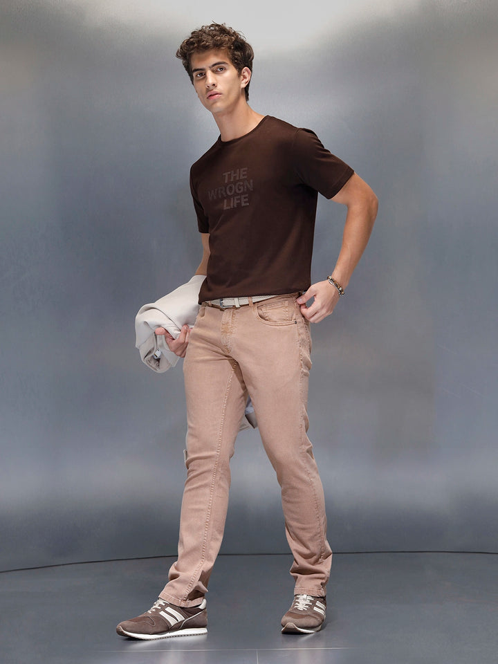 Men's Casual Slim Fit Tshirt with tonal 3D graphic print  | Brown