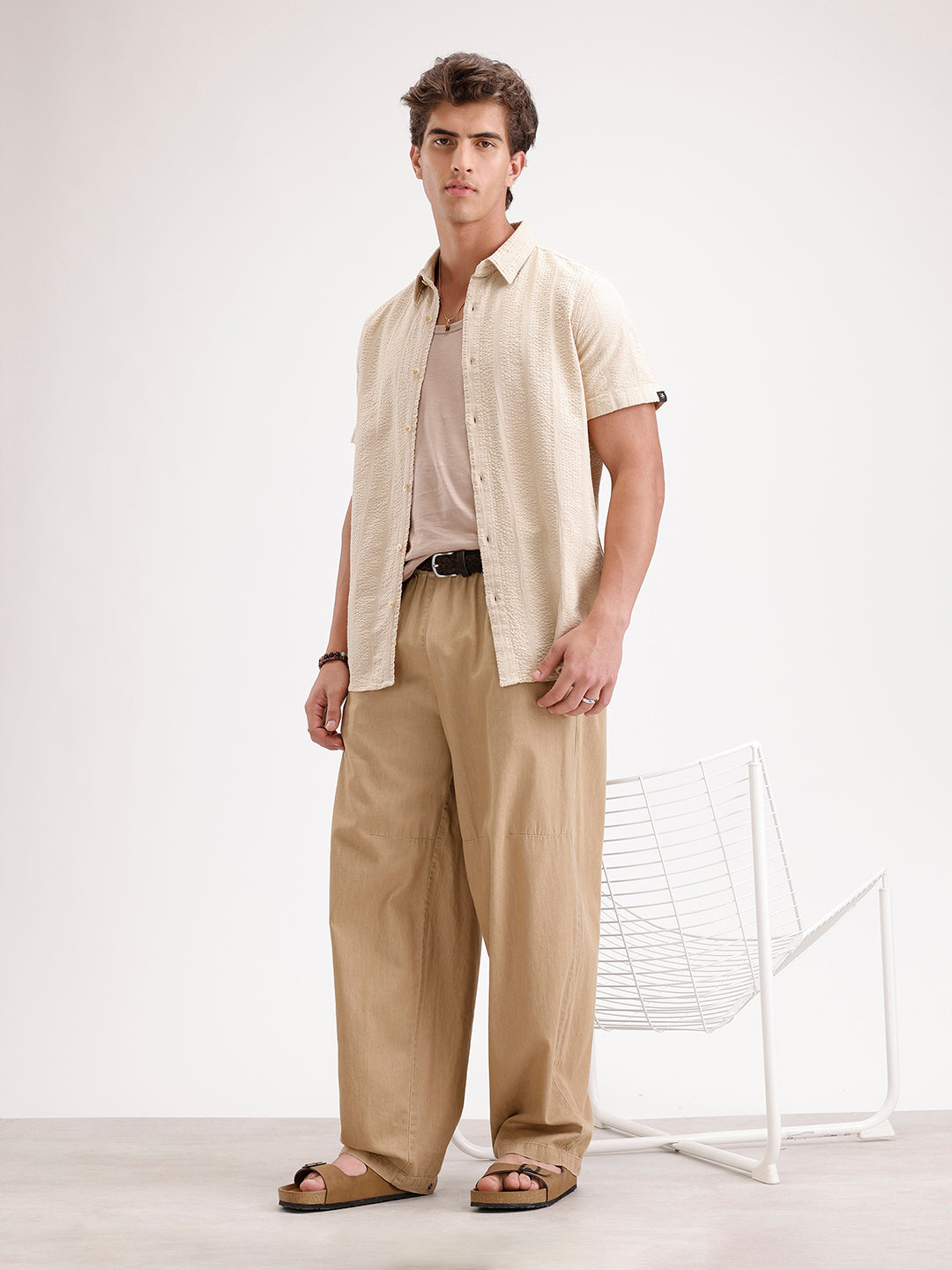 Slim Fit Textured Half Sleeve Shirt  | Cream