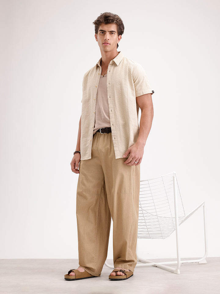 Slim Fit Textured Half Sleeve Shirt  | Cream