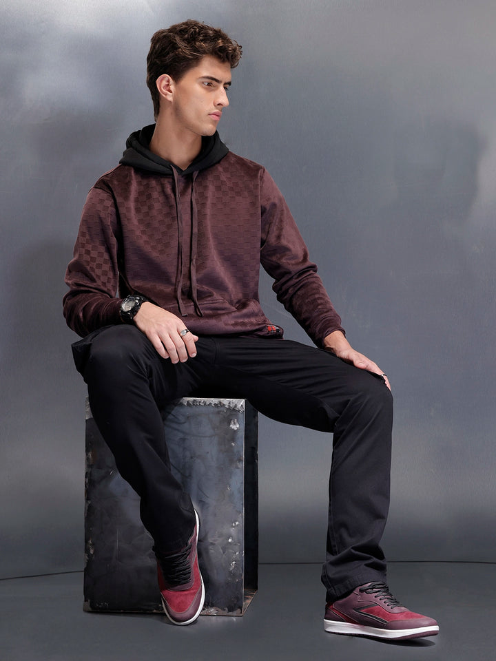 Velvet-finish Check-texture hoodie | Wine