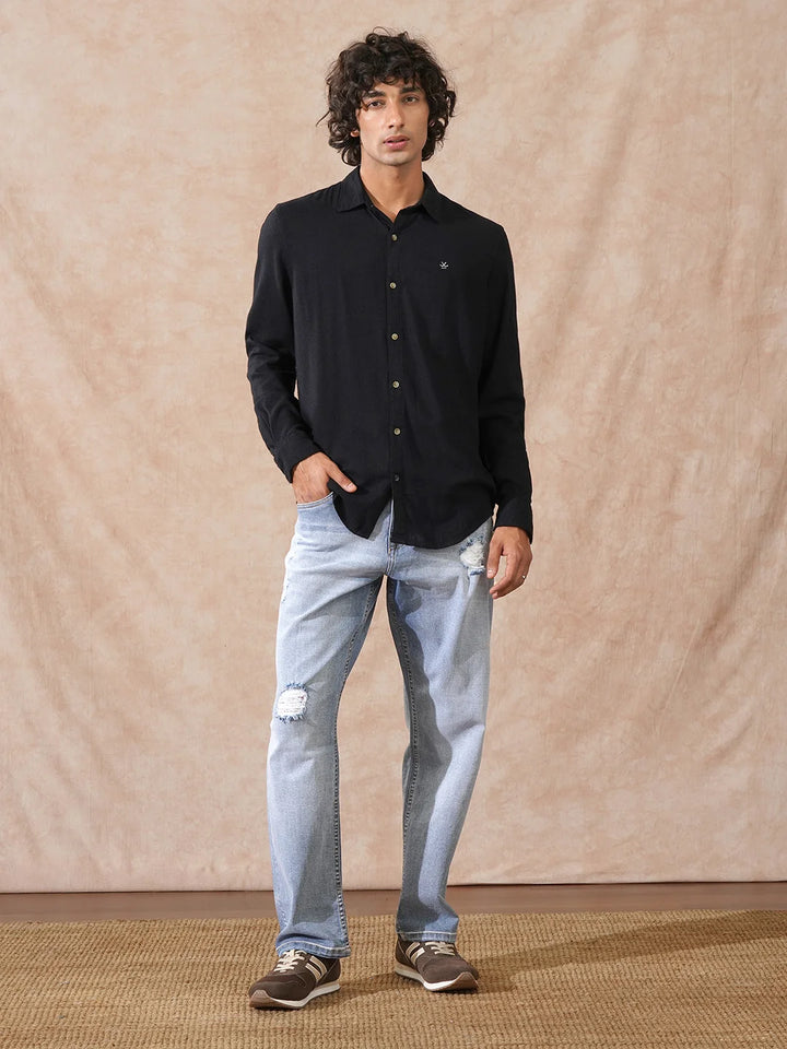 Linen Blend Slim Fit Shirt | Black