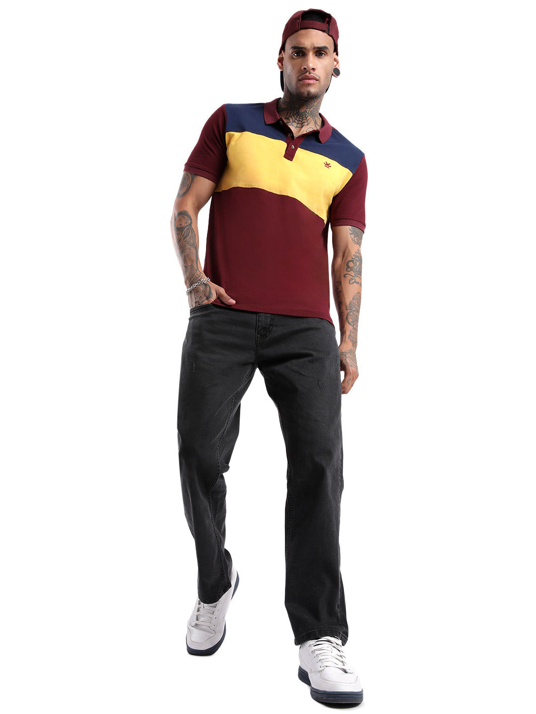 Maroon Colour Block Polo T-Shirt