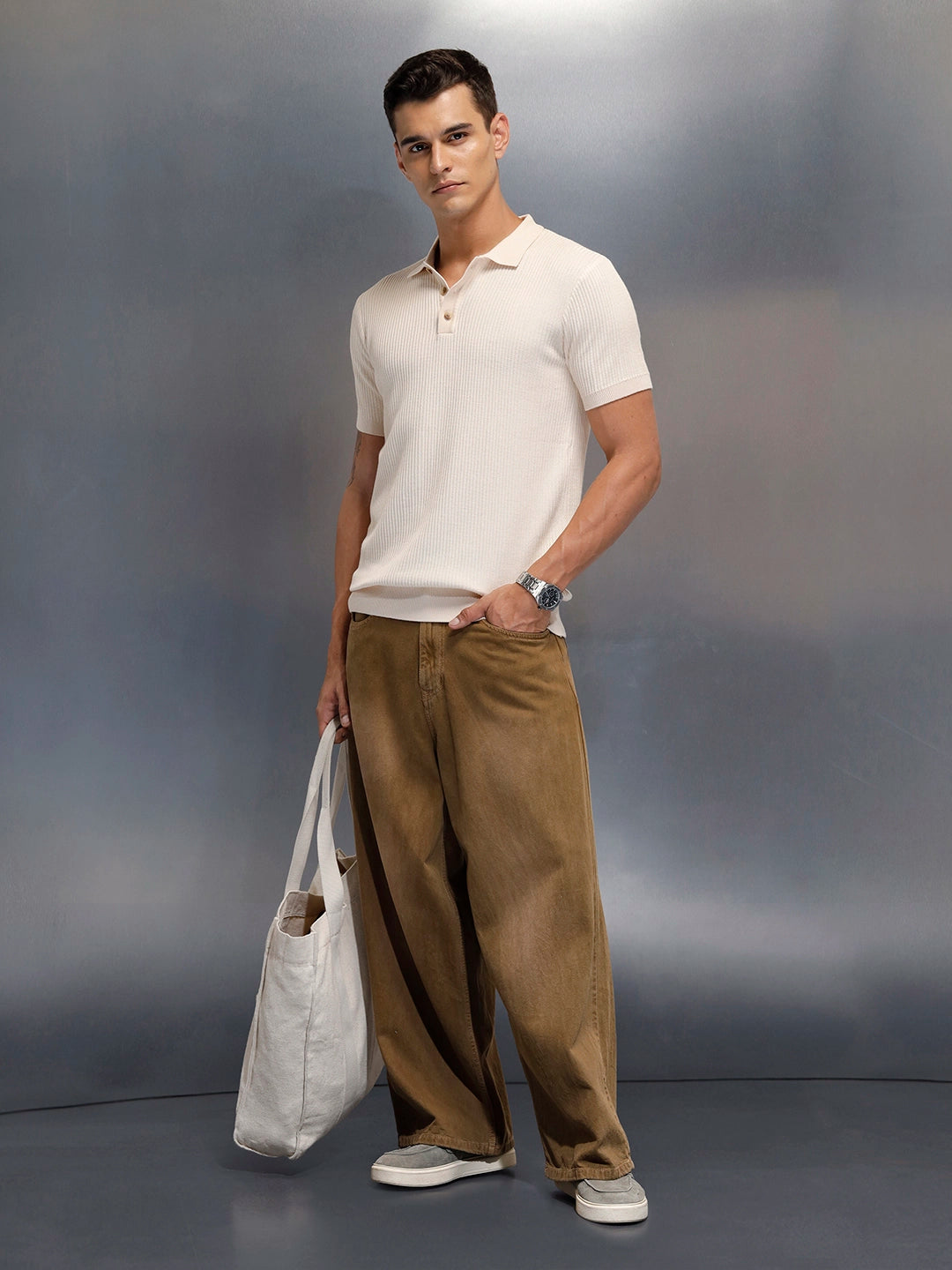 Textured Knit slim fit Polo T-shirt | Beige