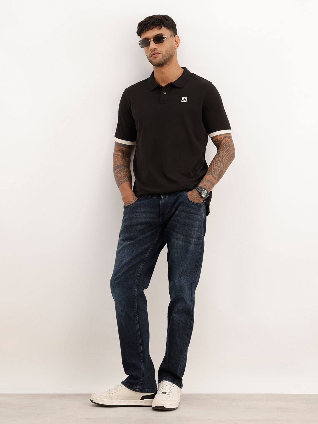 Slim Fit Contrast Sleeve Polo T-Shirt | Black