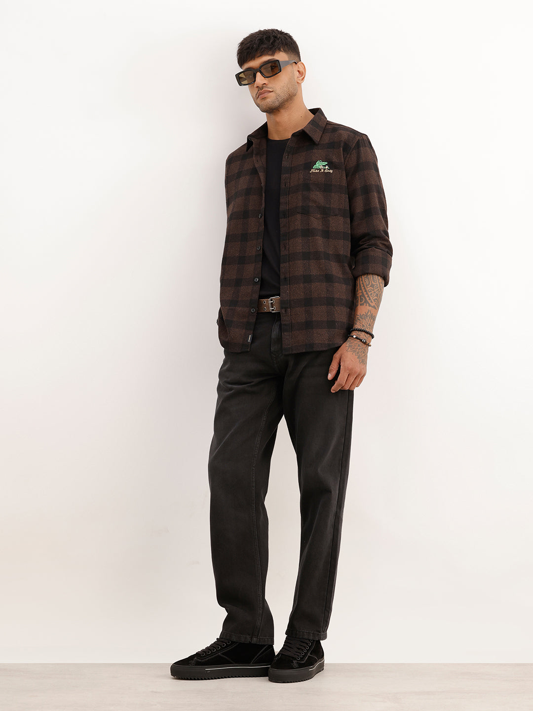 Slim Fit Flannel Embroidery Detail Shirt | Brown