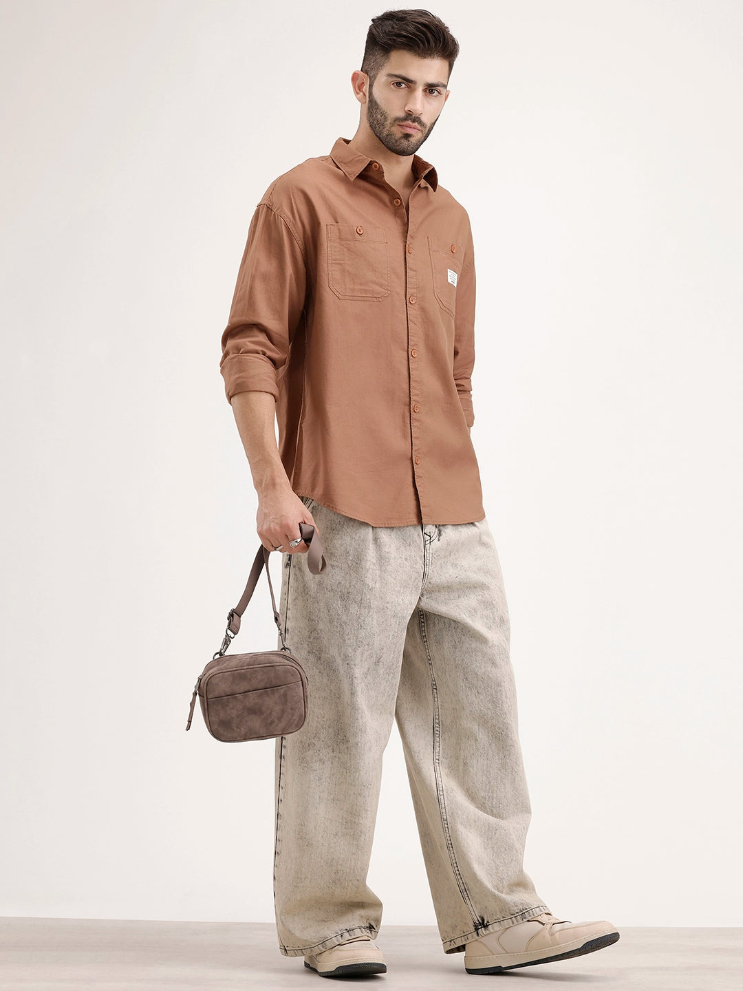 Oversized Solid Double Pocket Shirt | Khaki