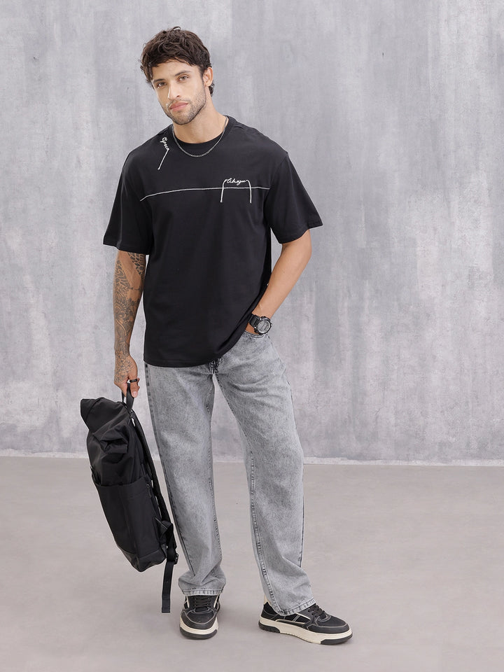 Casual Look Oversized Fit T-shirt With Embroidery And Chain Stitch Detail | Black