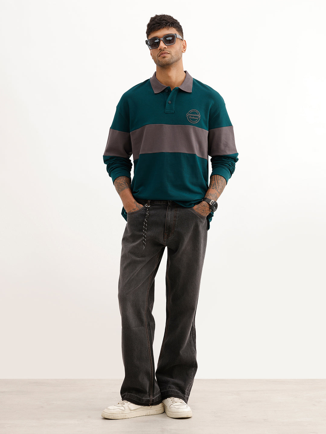 Oversized Cut & Sew Full Sleeve Polo T-Shirt | Green
