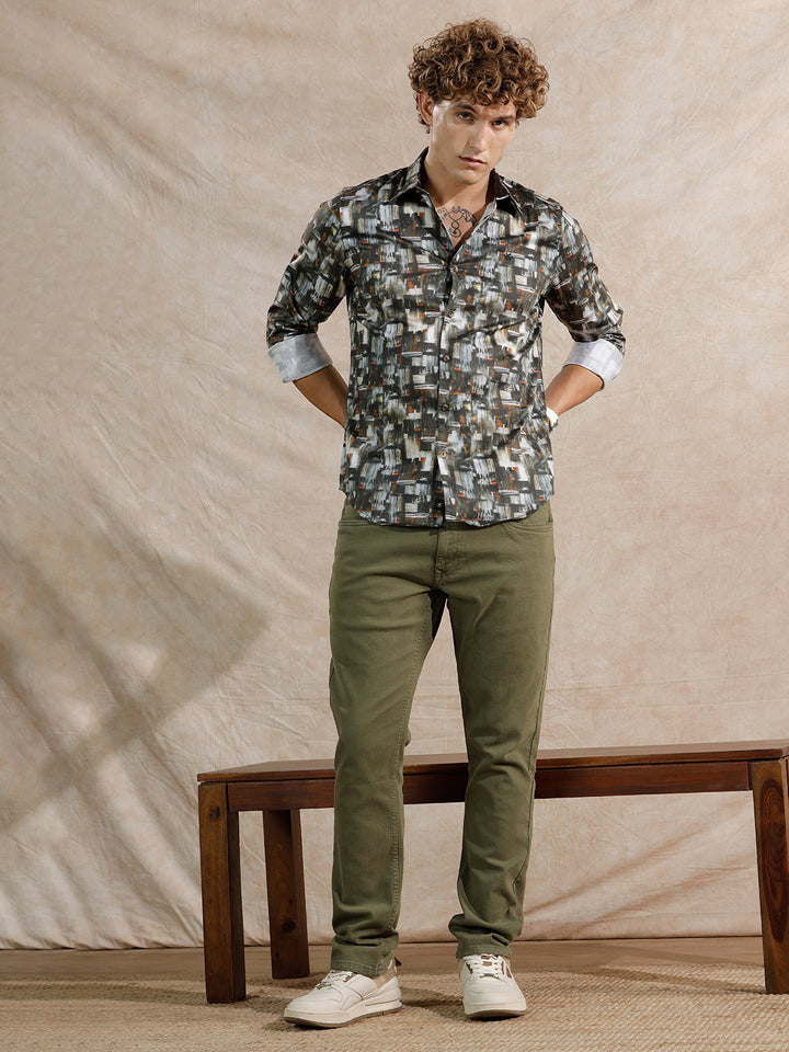 Flowy AOP Slim Fit Shirt | Dark Olive