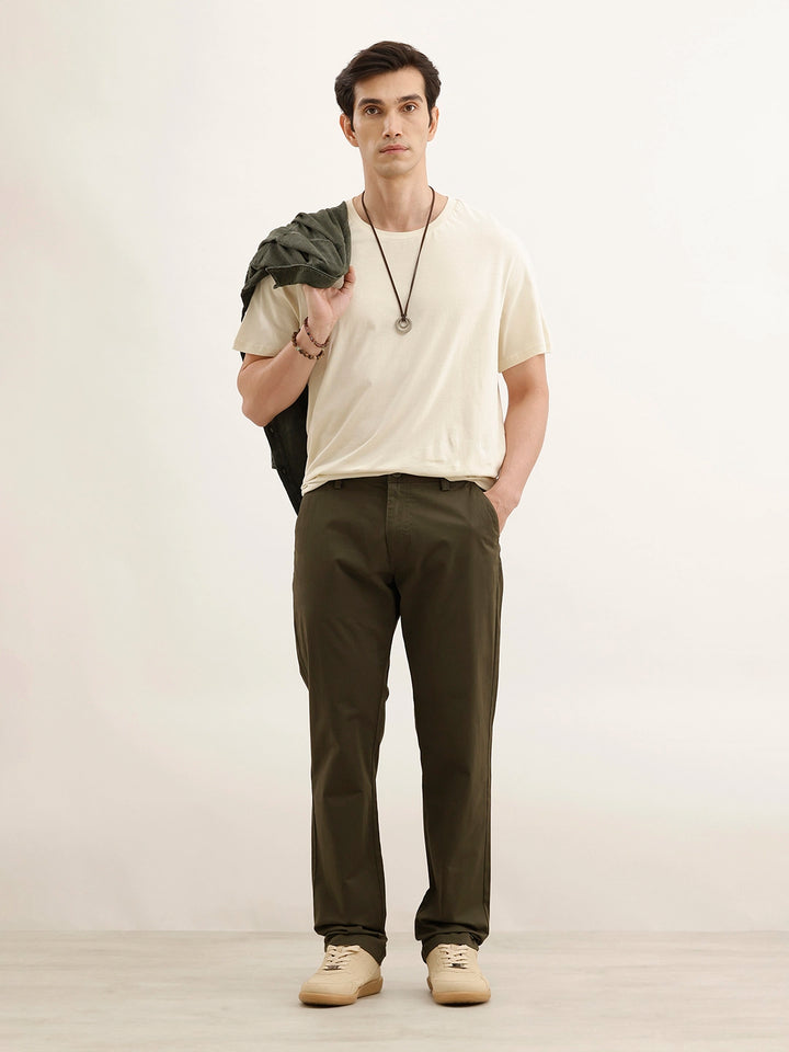 Straight Fit Solid Trouser | Olive