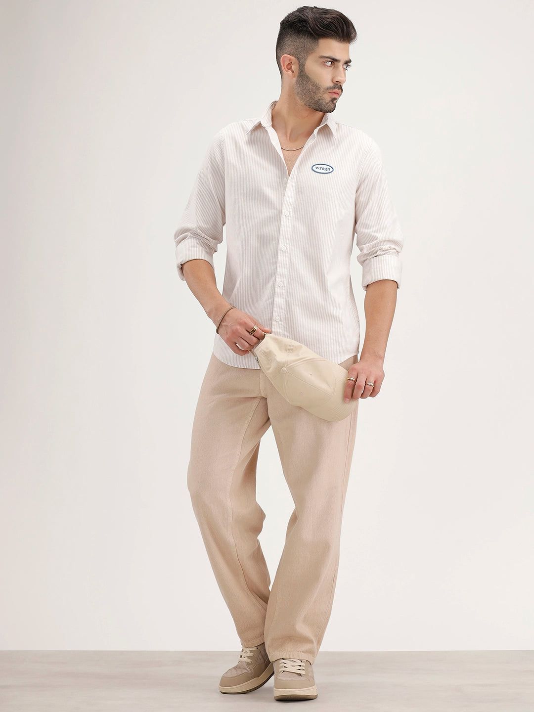 Regular Fit Striped Patch Detail Shirt | Beige