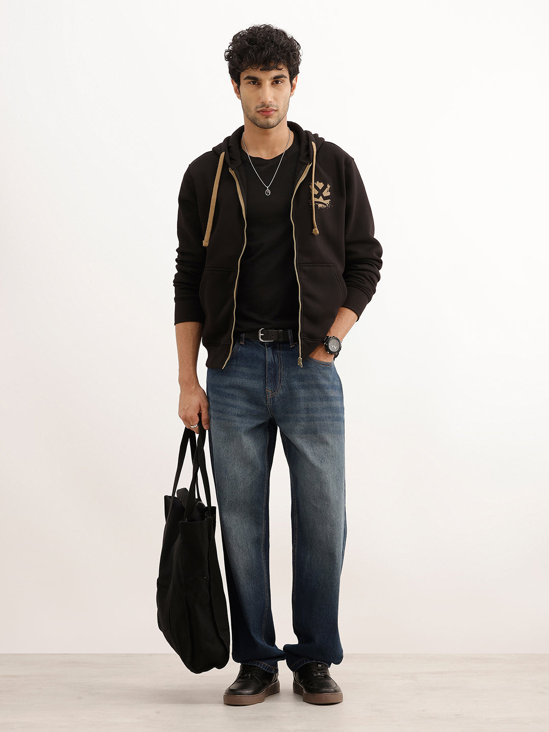 Classic Printed Zipper Hooded Sweatshirt | Black