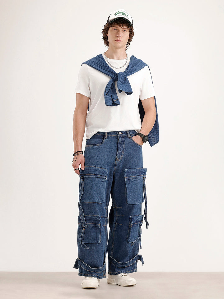 Baggy Fit Cargo Denim Jeans | Navy Blue