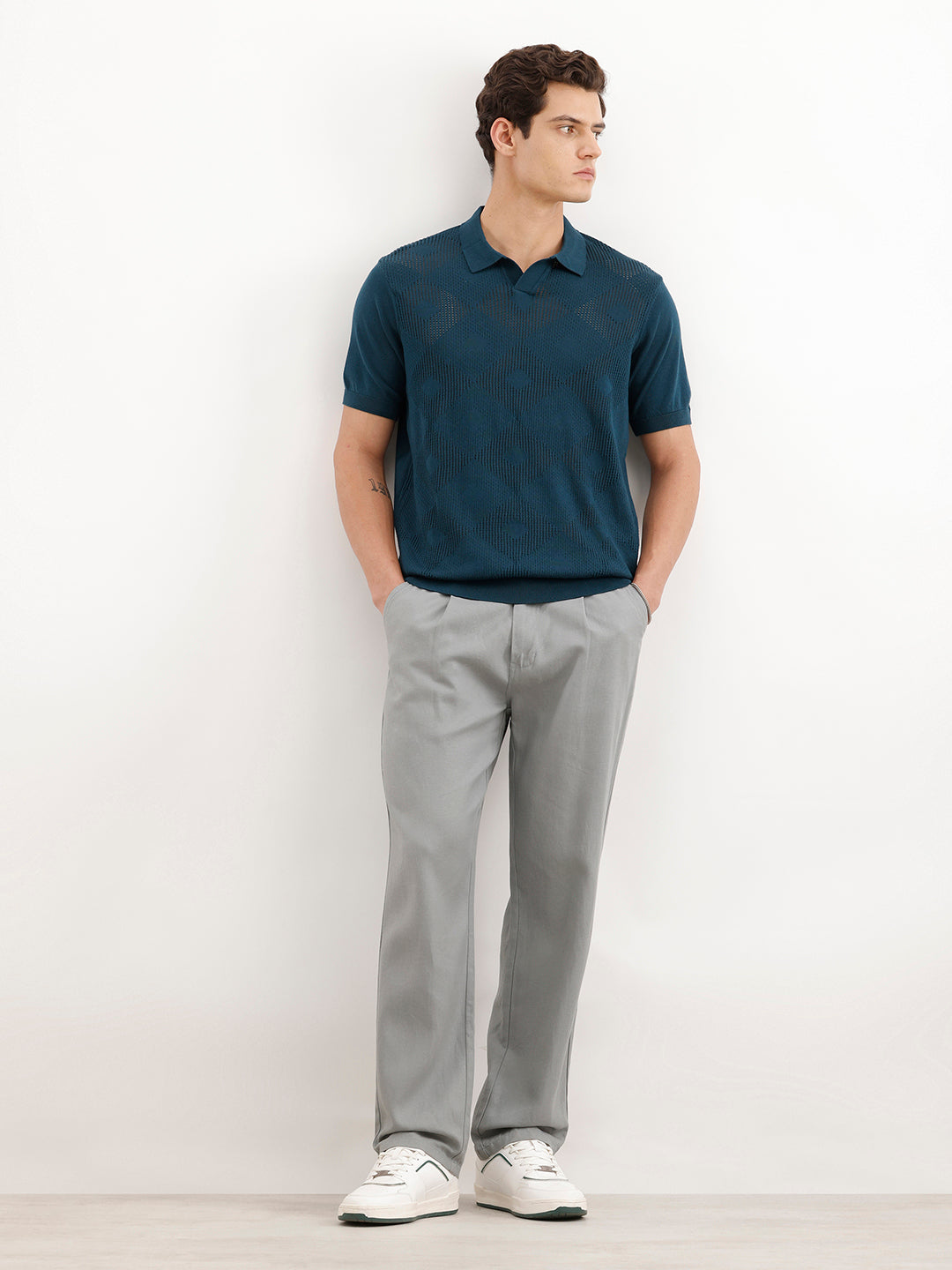 Textured Flatknit Polo T-Shirt  | Teal