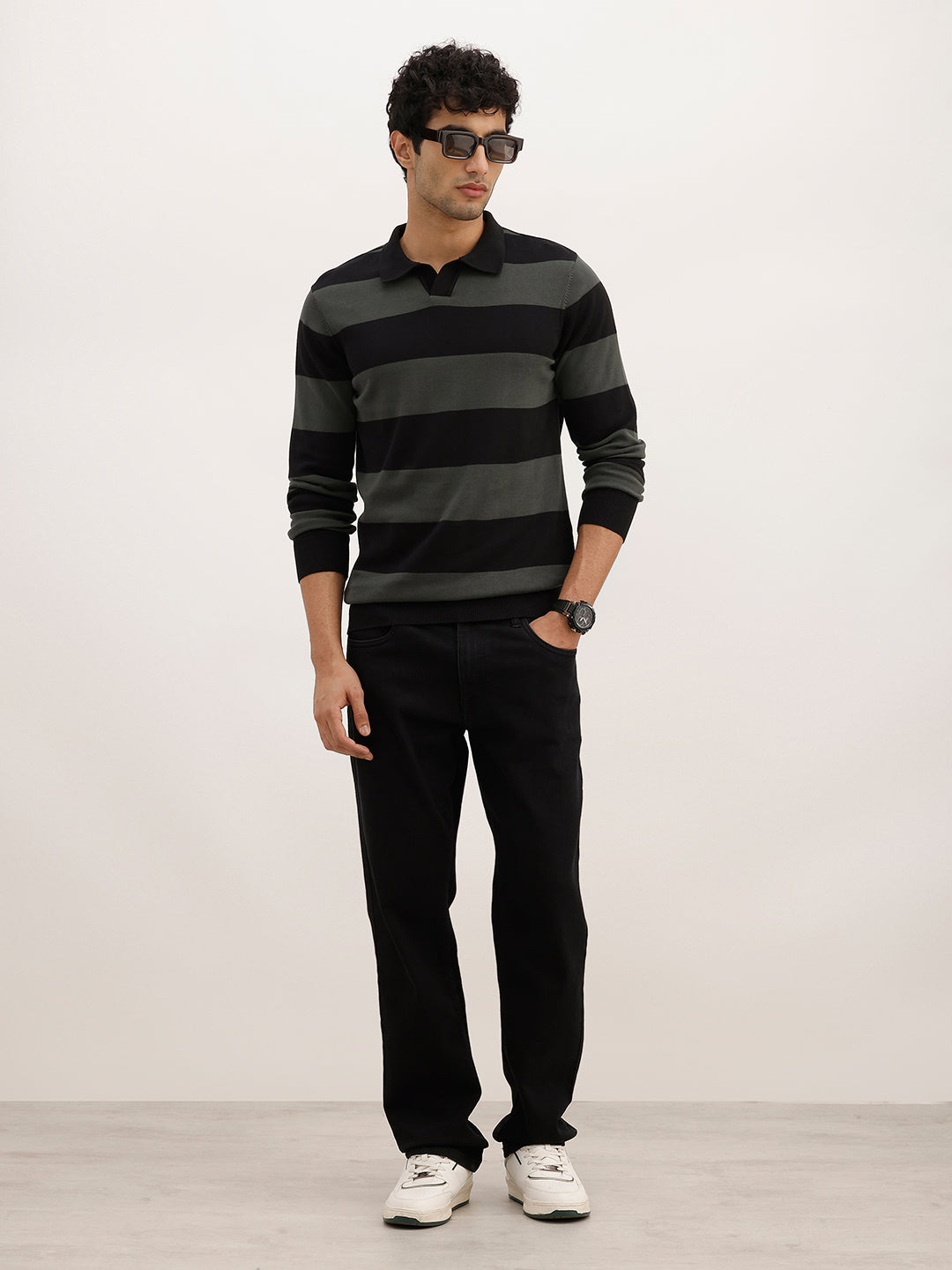 Slim Fit Striped Full Sleeve Polo T-Shirt | Black