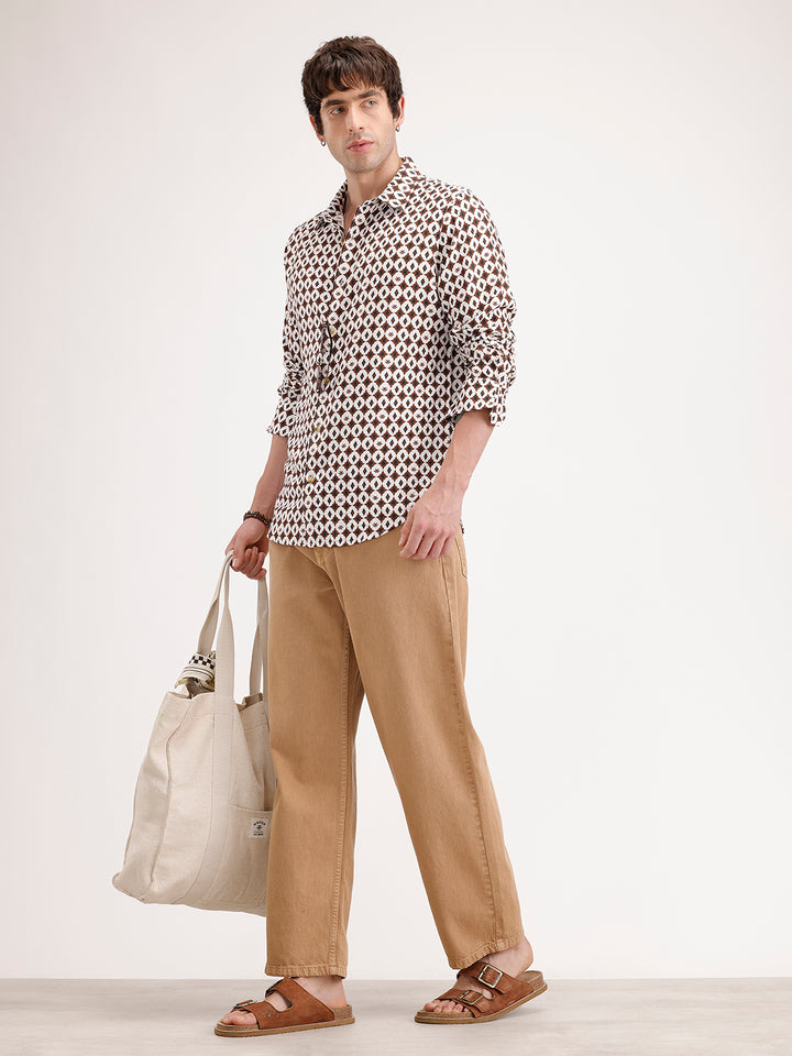 Slim Fit AOP Full Sleeve Shirt | Brown