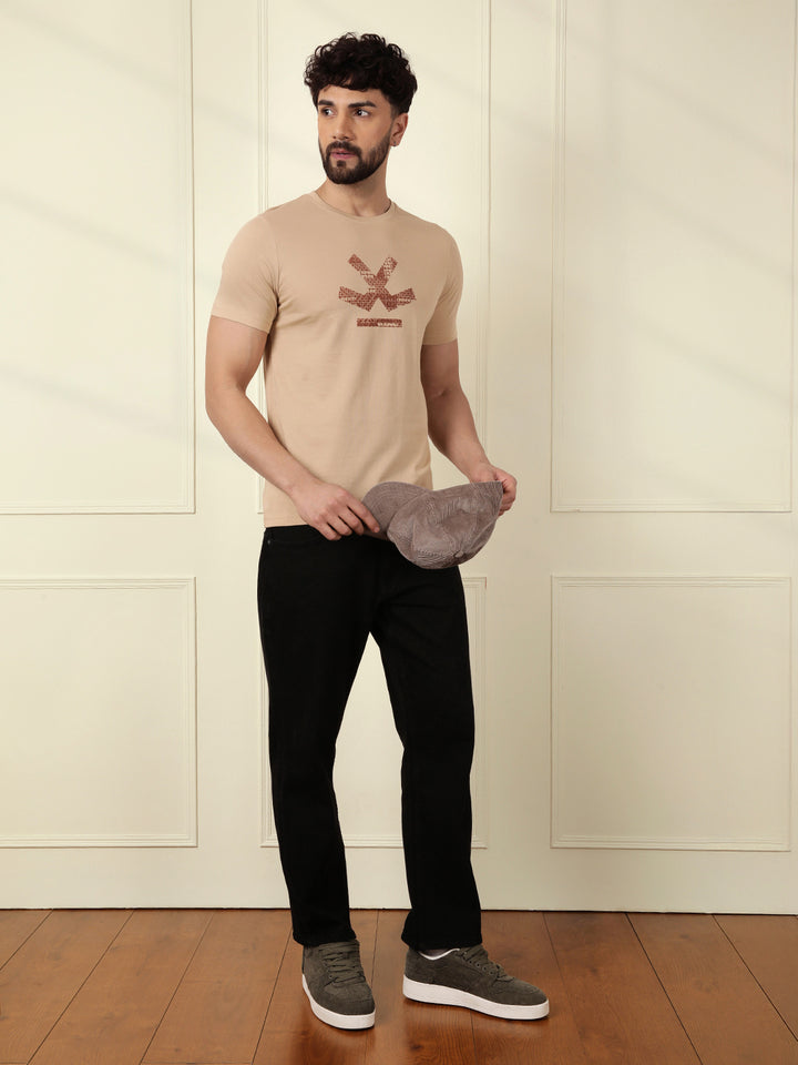 Flock Printed Slim Fit T-Shirt | Beige