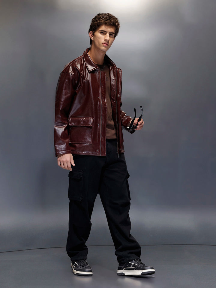 Men's Relaxed Fit Collared Fit PU Jacket  |  Wine