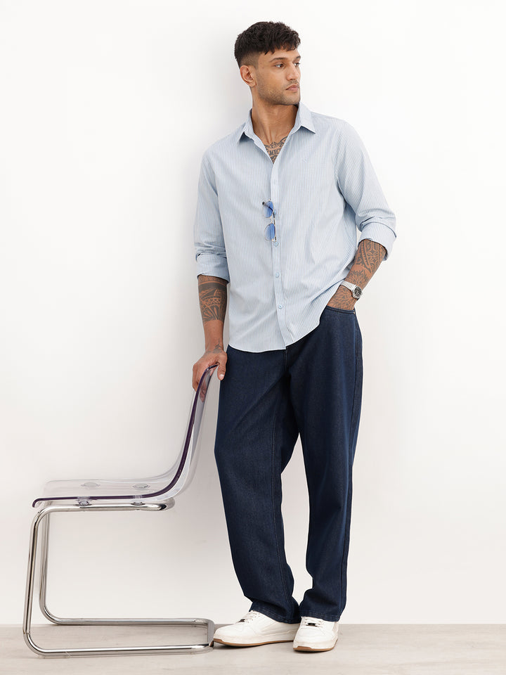 Classic Slim Fit Striped Full Sleeve Shirt | Blue