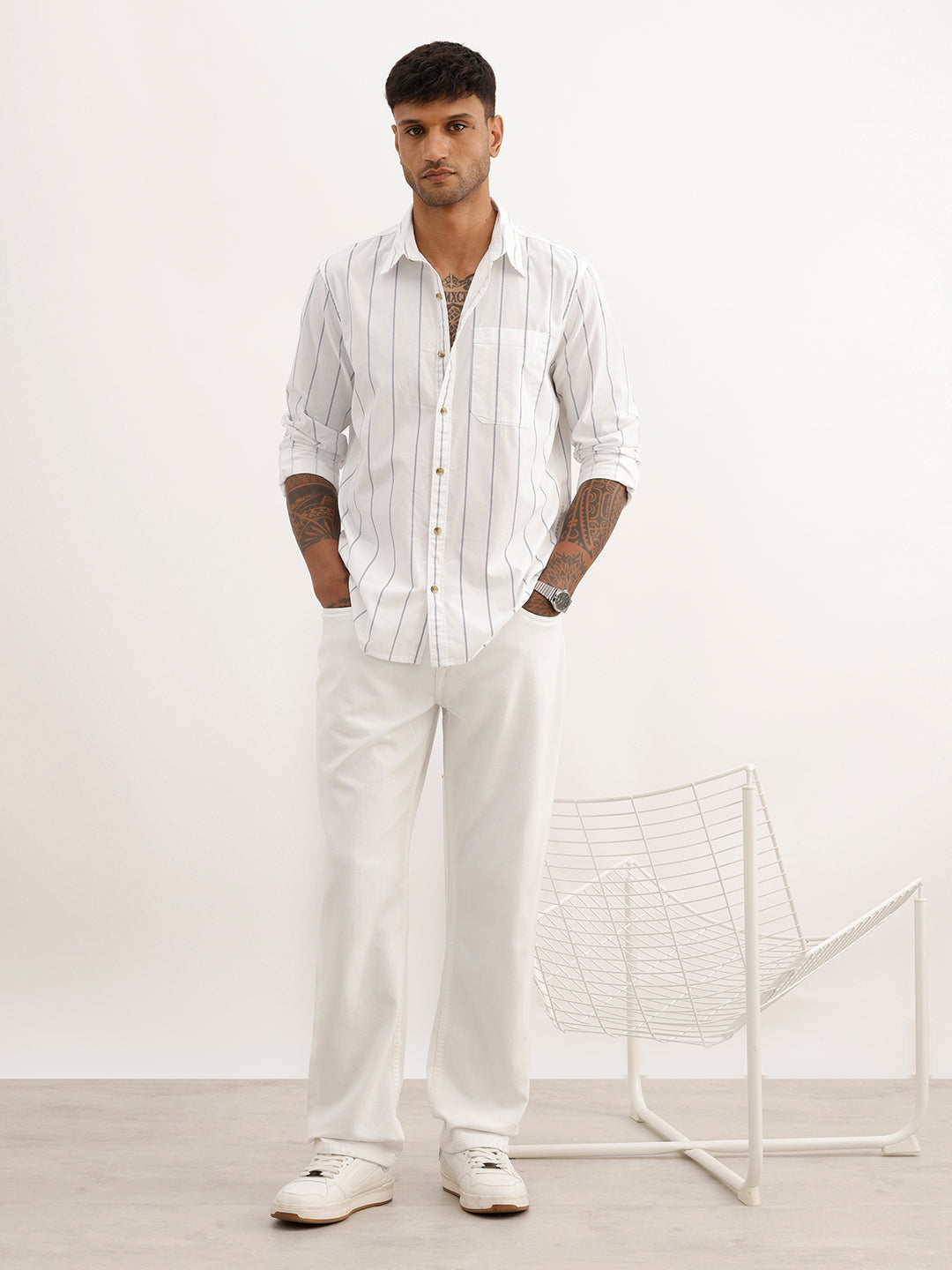 Regular Fit Striped Full Sleeve Shirt | White