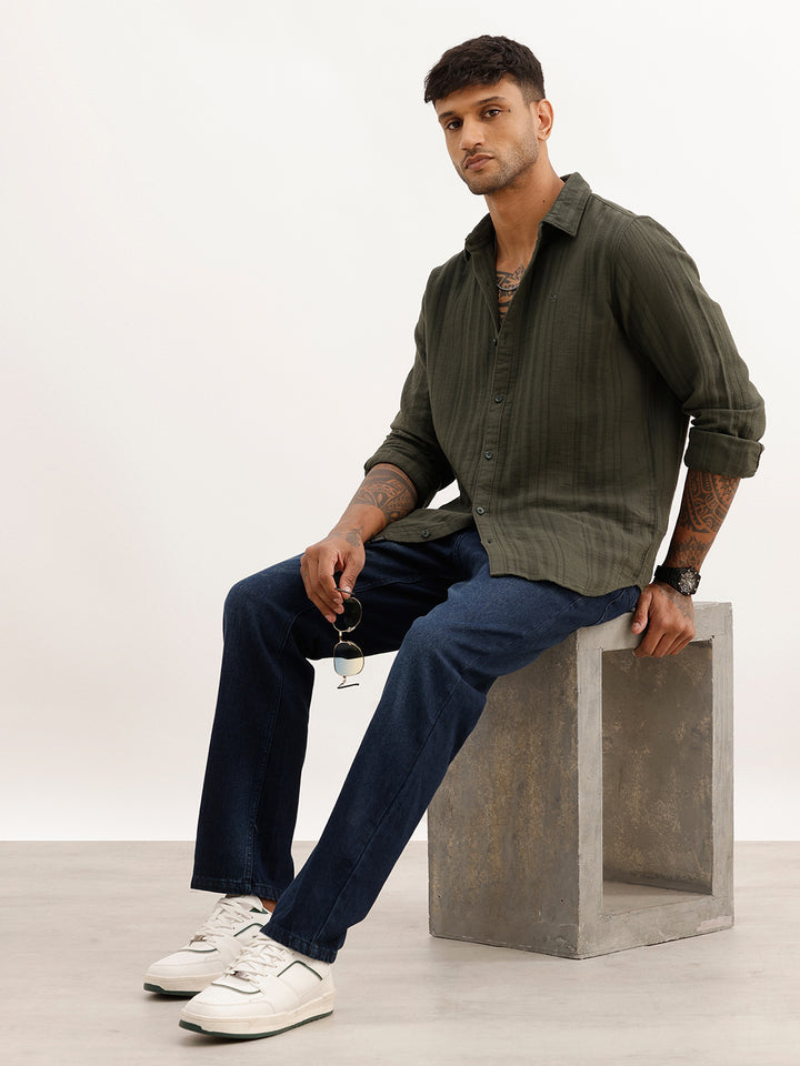 Textured Slim Fit Striped Shirt | Olive