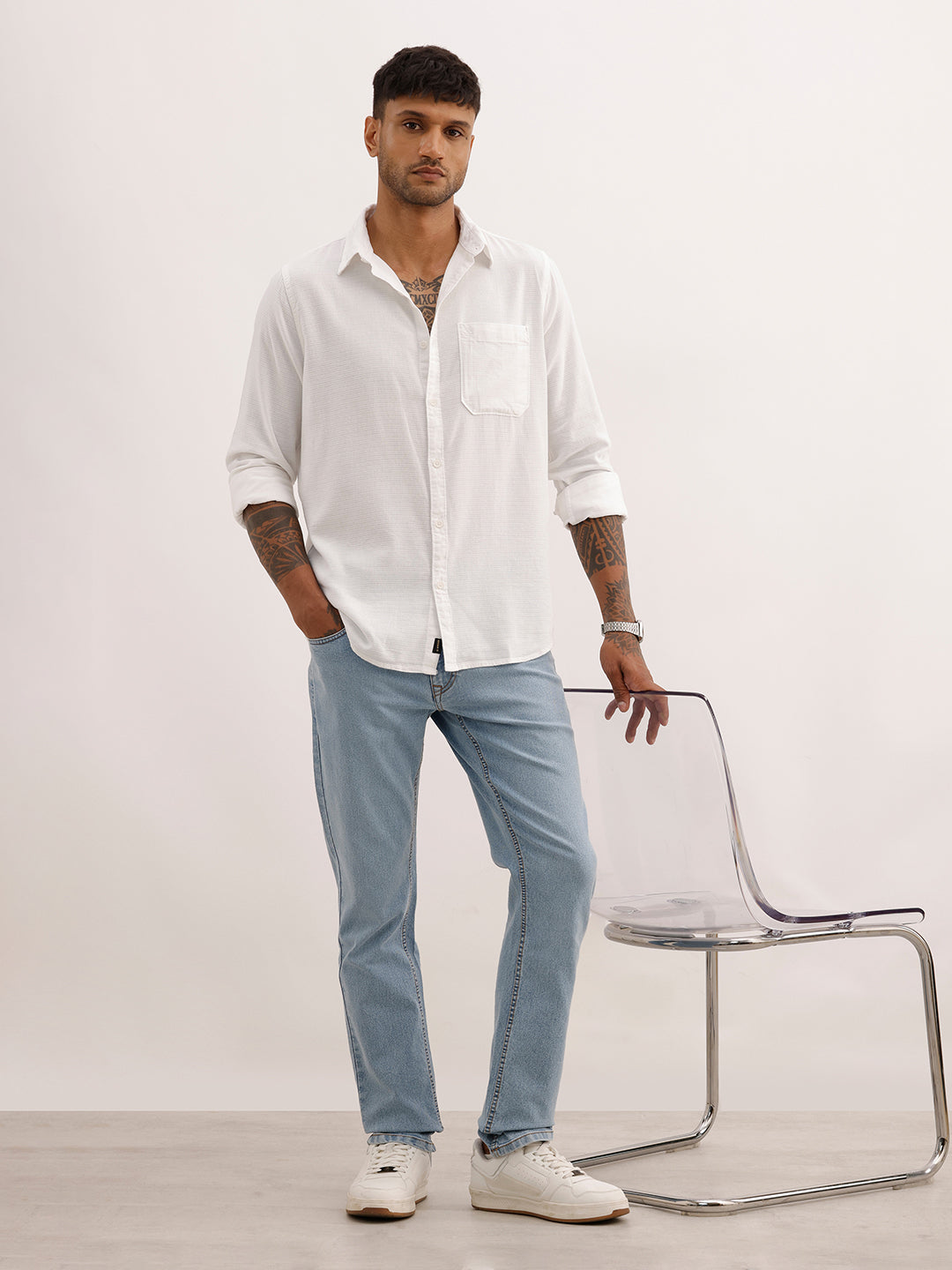 Solid Slim Fit Textured 100% Cotton Shirt | White | WSH02FSSL7123W