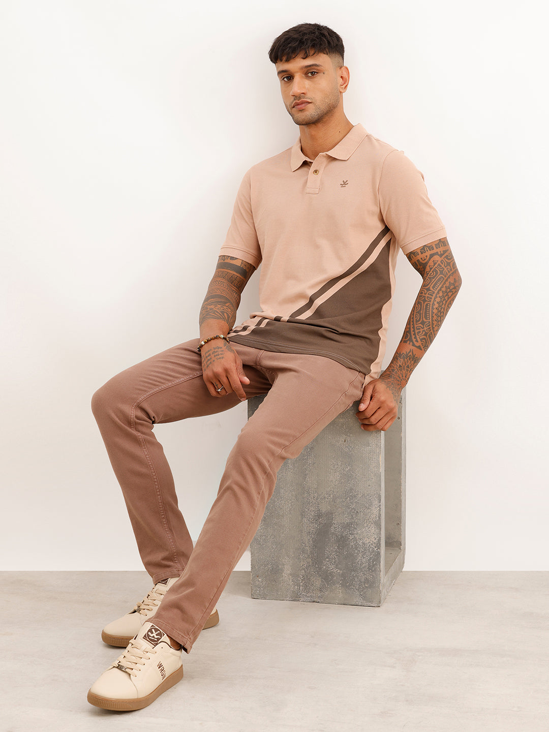Slim Fit Placement Printed Polo T-Shirt | Light Brown