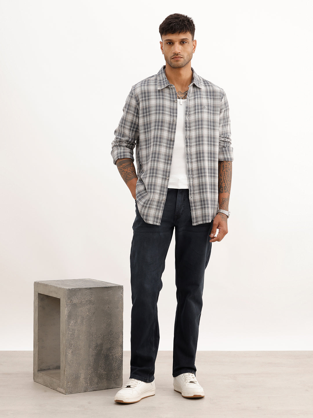 Slim Fit Checkered Full Sleeve Shirt | Grey