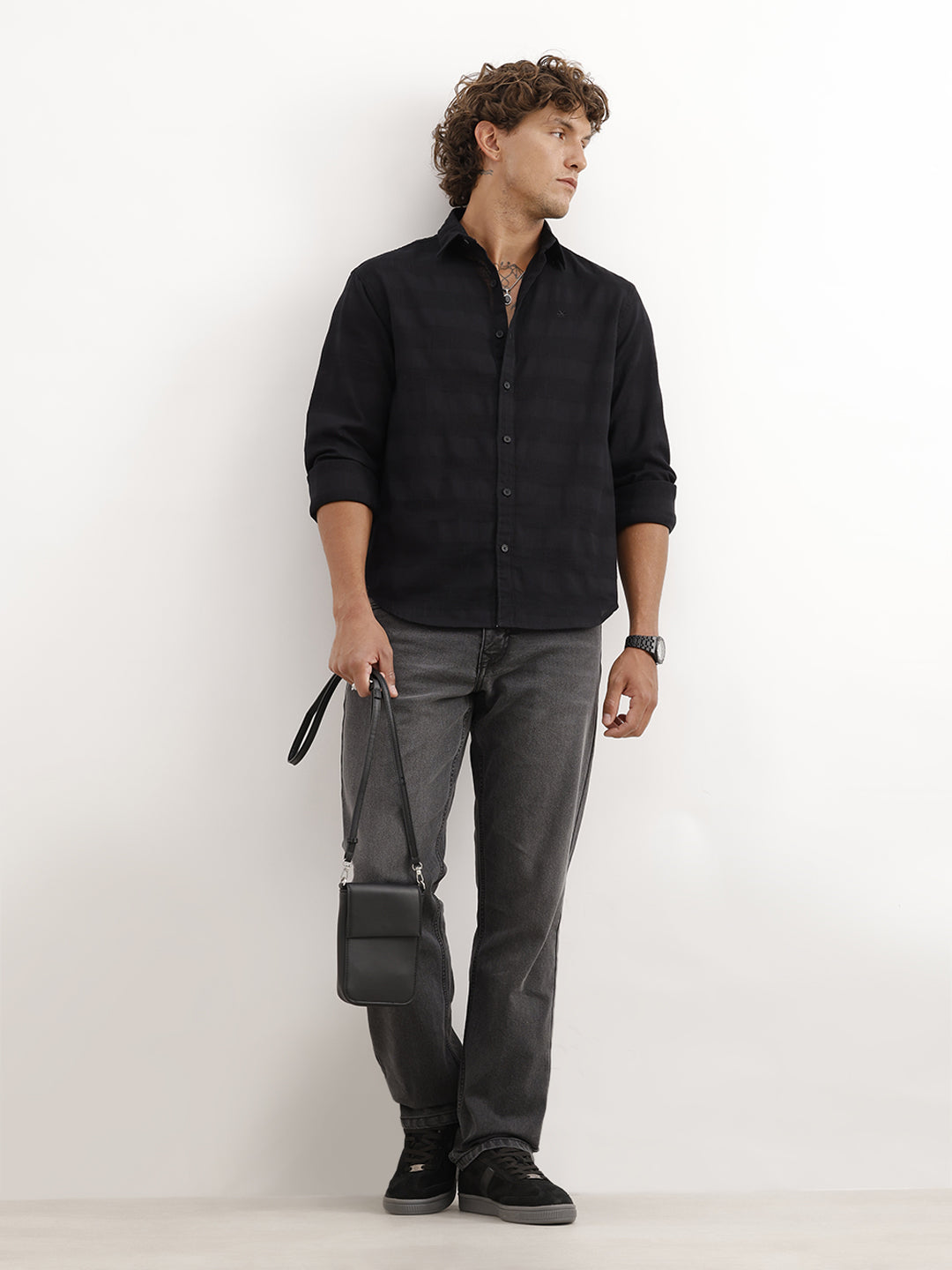 Solid Comfort Fit Textured Full Sleeve Shirt | Black
